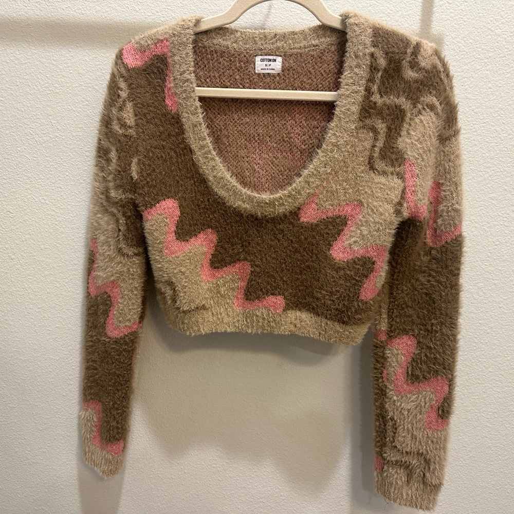 Cotton On Fuzzy Brown and Pink Sweater